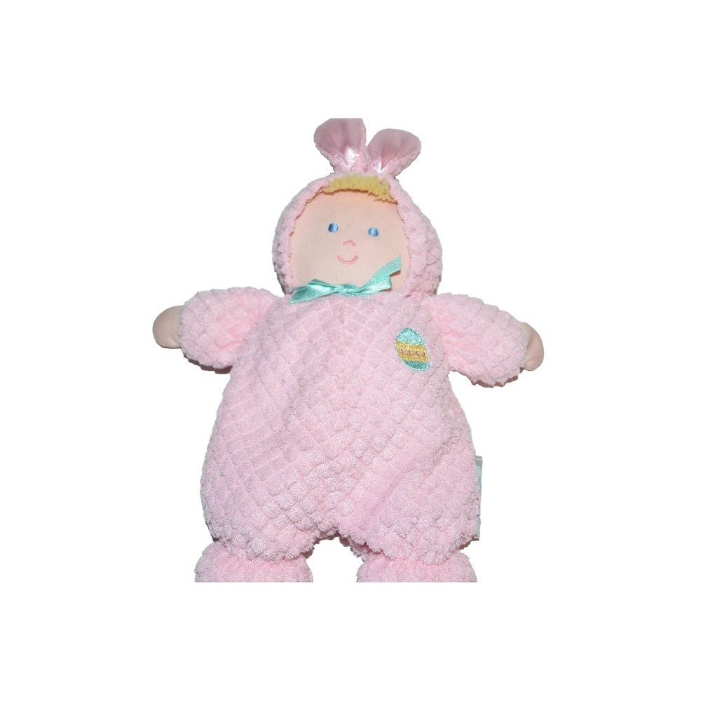 Vtg Eden Baby Doll Plush Terry Cloth Pink Waffle Rabbit Ears Bonnet rattle